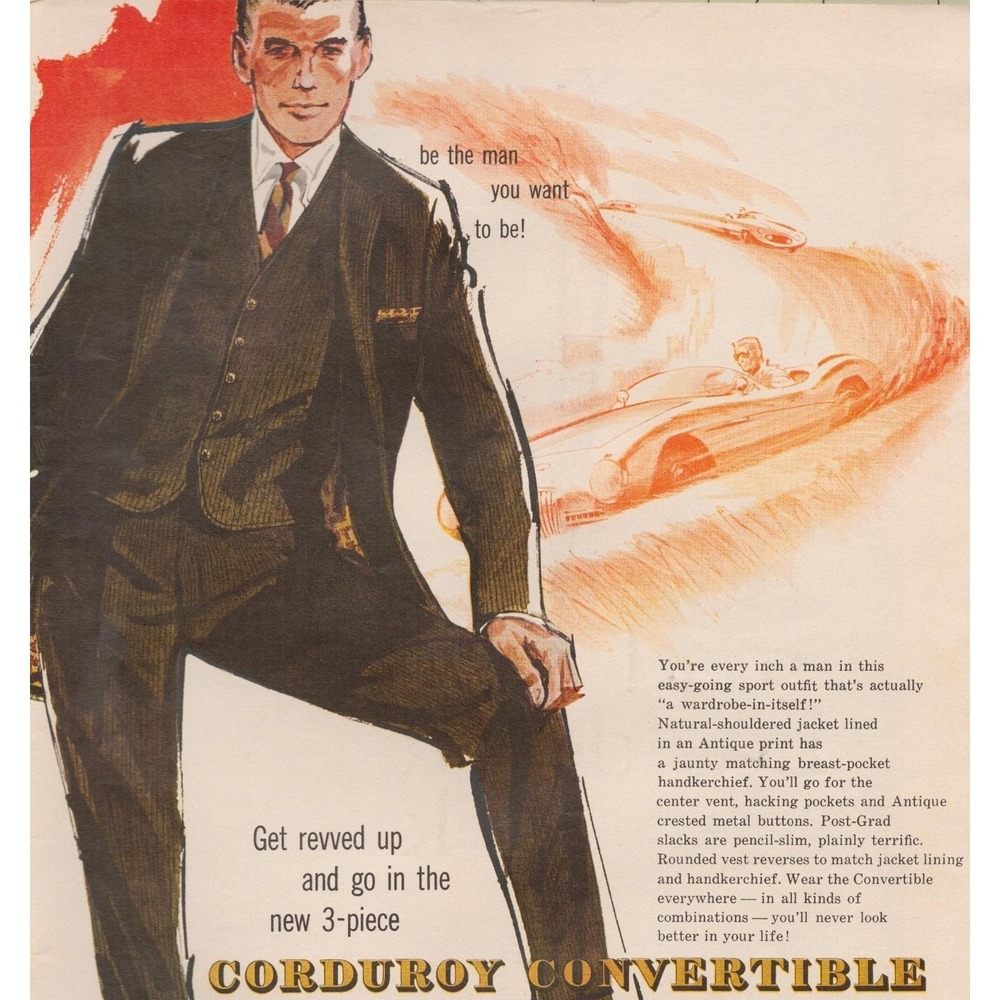 Vintage 1960 HIS Corduroy Convertible Suit Mid Century Men's Fashion Print Ad